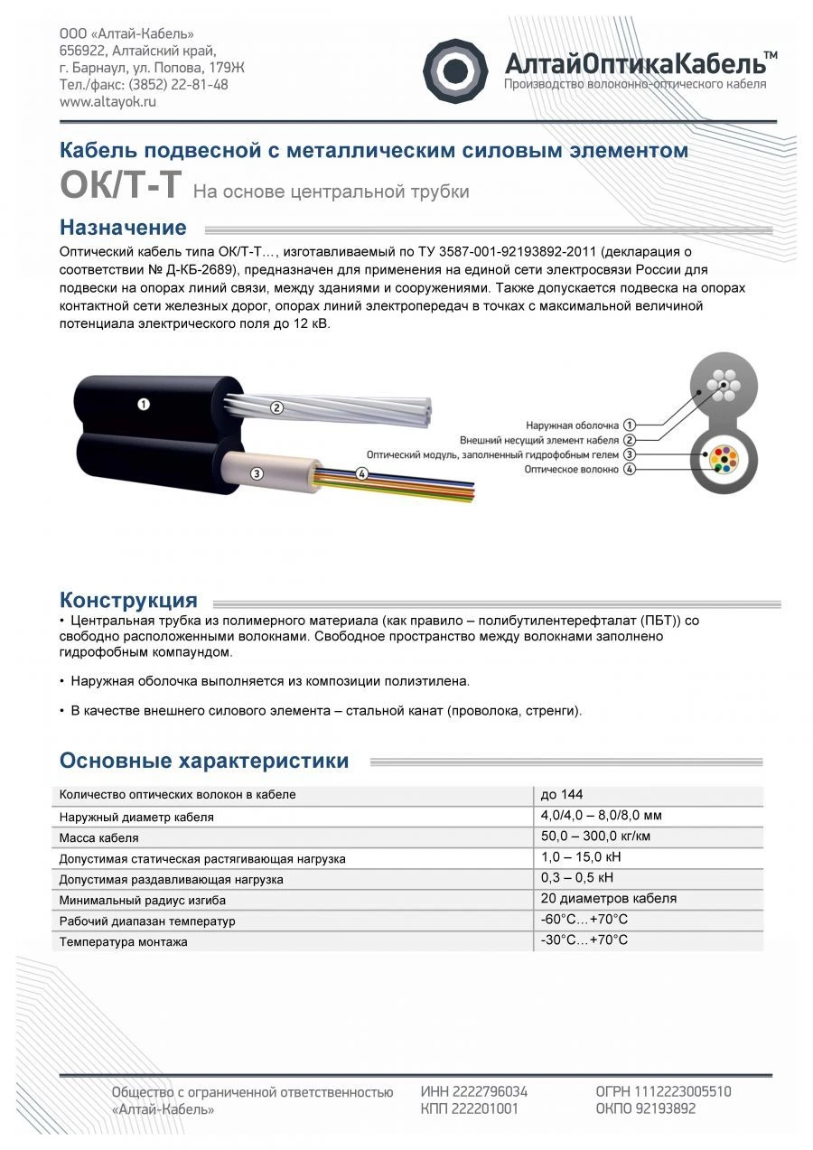 Кабель связи оптический типа ОК/Т-Т