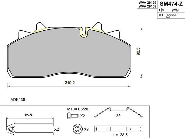 وسادة فرامل قرصية للشاحنات SAF ، DENNIS ، DAF ، Wabco PAN 19-1 WVA 29159