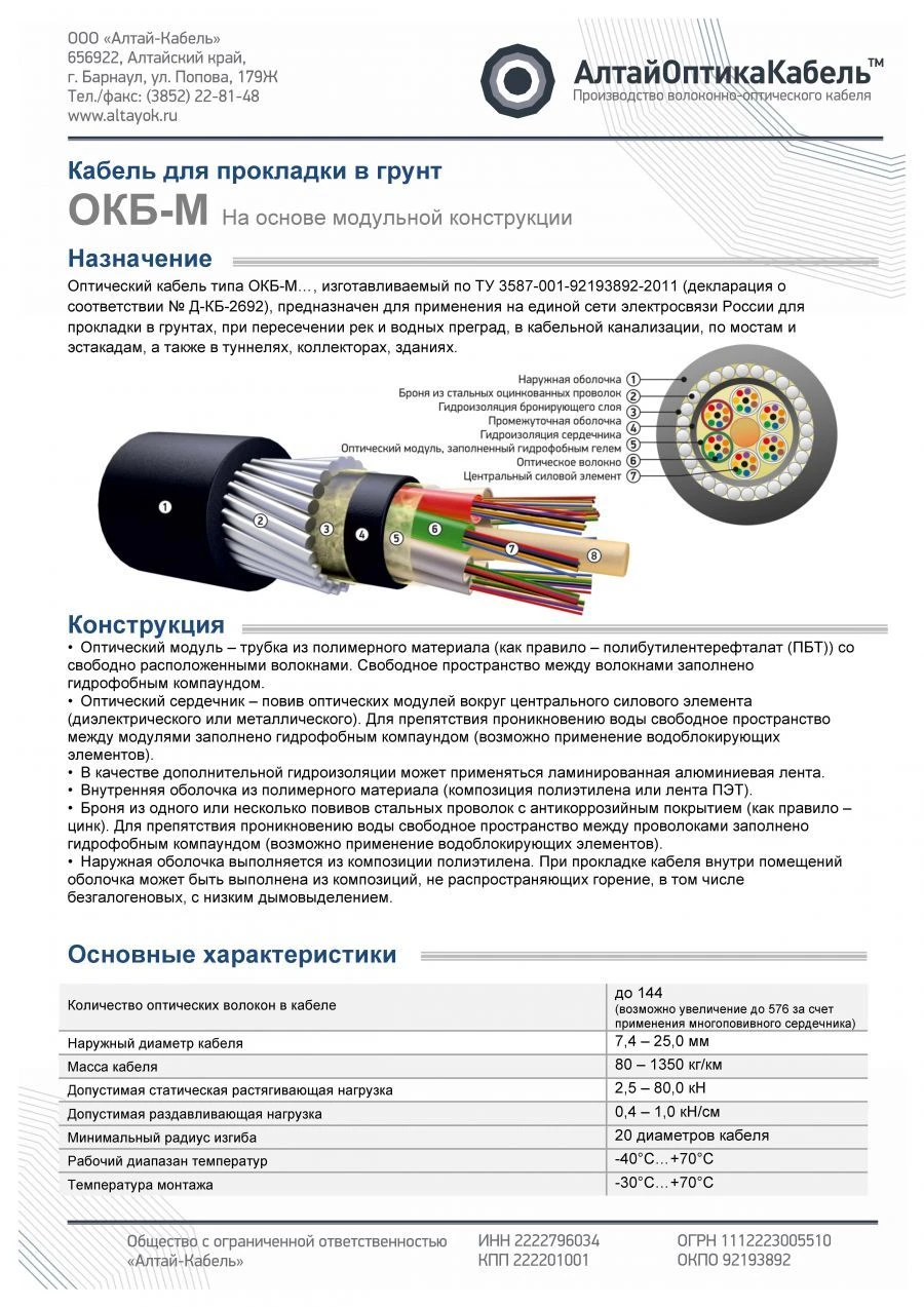 Кабель связи оптический типа ОКБнг(А)-HF-М