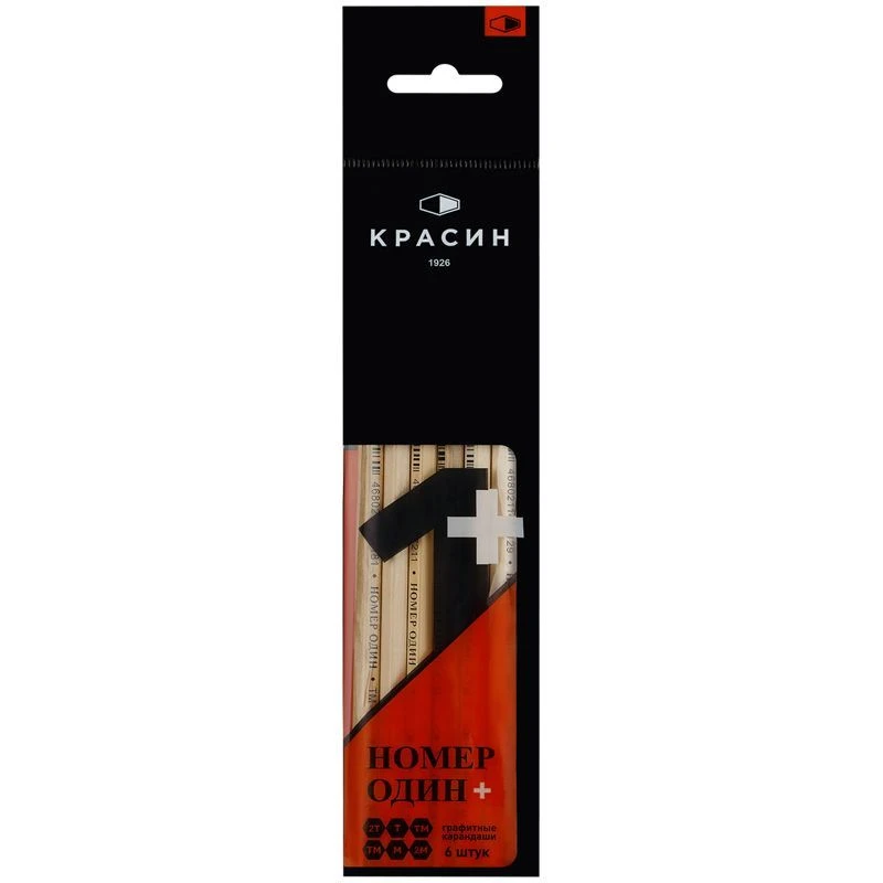 Graphite Pencil Set Krasin "Number One +" 6pcs, 2T (2H), T (H), TM (HB)-2, M (B), 2M (2B), Hexagonal, Sharpened, PP Pack, Euro