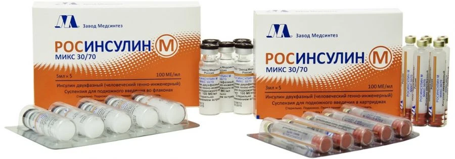 РОСИНСУЛИН М микс 30/70, 100 МЕ/мл (картридж+шприц-ручка), 3 мл х 5. (МНН: Инсулин двухфазный [человеческий генно-инженерный])