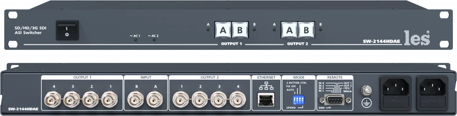 SW-2144HDAE - коммутатор резерва 2 в 1 для 3G/HD/SD-SDI и DVB-ASI сигналов. 4 мастер выхода, 4 предпросмотра. Управление c лицев