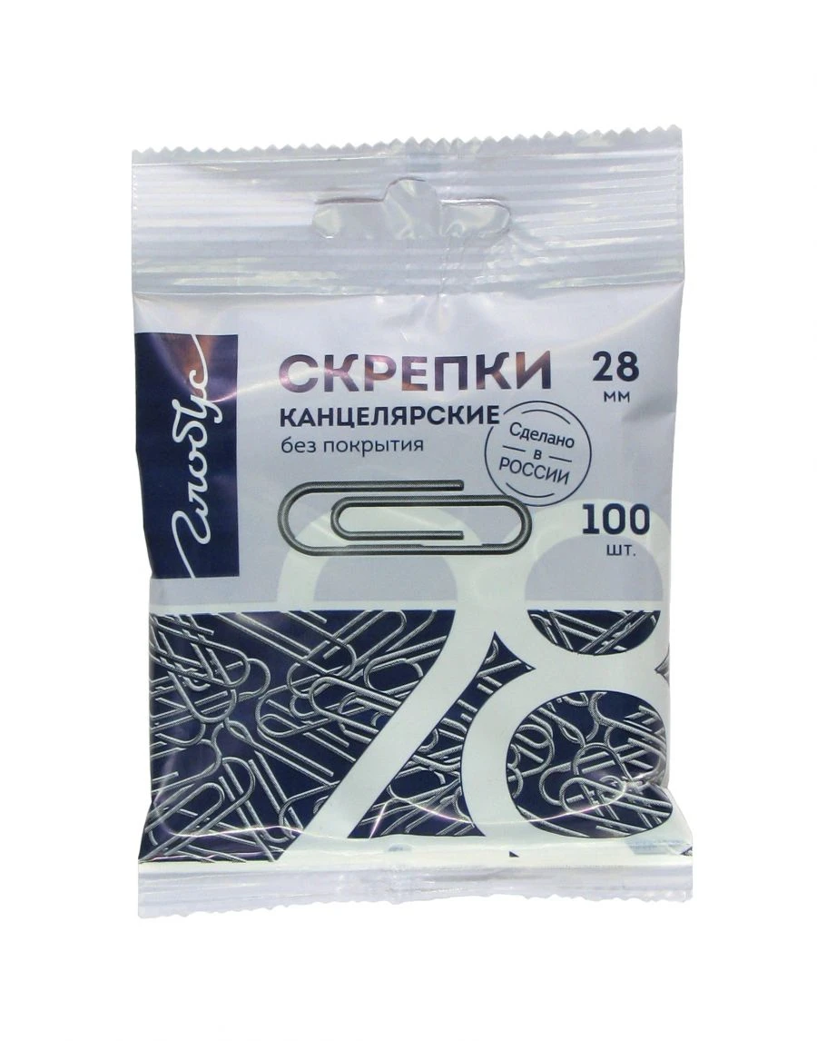 Скрепки 28 мм 100 шт. без покрытия, пакет с европодвесом