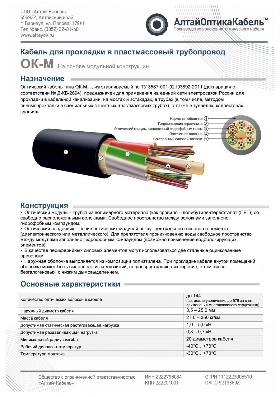 Кабель связи оптический типа ОКнг(А)-HF-М