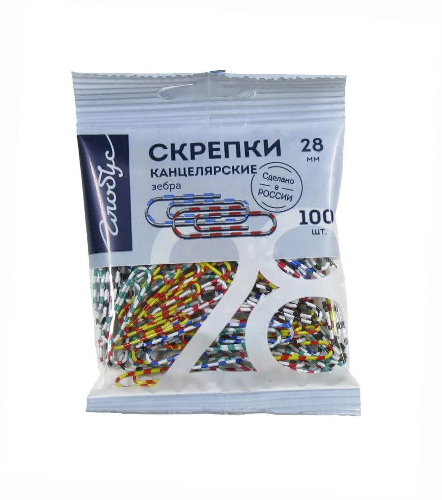 Скрепки 28 мм 100 шт. цветные (зебра) пакет с европодвесом