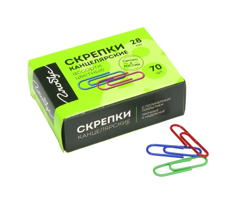 Скрепки 28 мм 70 шт., цветные