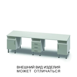 Three-Cabinet Table with Swing Doors, Drawers, and Open Shelves