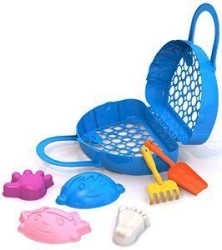 Sand Play Set No. 121 (4 Molds "Boy + Girl + Handle + Leg", Shovel, Rake, Bag)