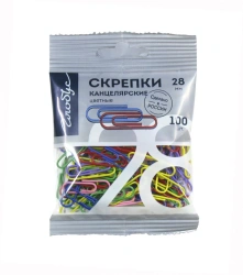 Скрепки 28 мм 100 шт. цветные, пакет с европодвесом