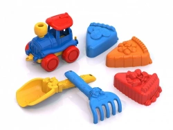 Sand Play Set #110 with 3 Cake Molds, Rake, Shovel, and Nordic Train