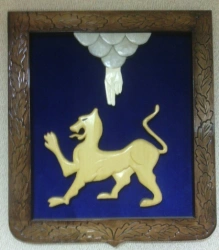 Carved Wooden Coat of Arms of Pskov with Velvet Finish