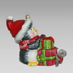 Handcrafted Glass Christmas Ornament "Penguin and Gifts