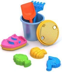 Sand Play Set No. 63 (3 Sea Mix Molds, Tugboat, Bucket, Sieve, Rake, Shovel)