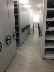 Dual-Sided Mobile Archive Rack with Shelves and Decorative Panels