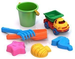 Sand Play Set No. 44 (Sea Mix Molds, Mini Dump Truck, Bucket, Rake, Shovel)