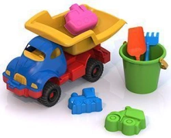 Sand Play Set No. 6 - Large Truck "Cosmic," Medium Bucket, 3 Transportation Molds, Shovel, Rake