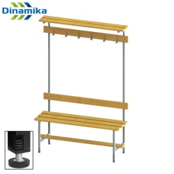 Wooden Locker Room Bench with Upper Shelf and Hanger